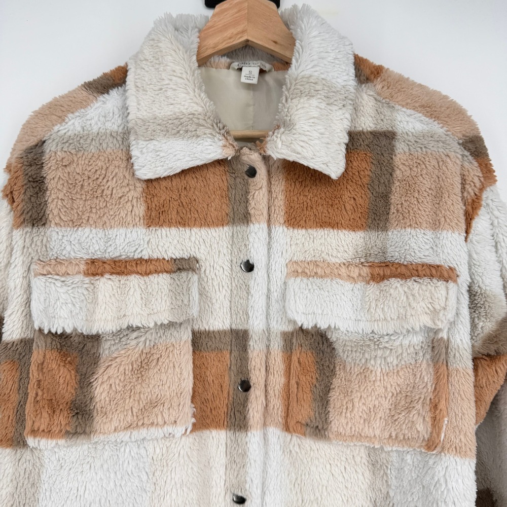 Cato Plaid Fuzzy Teddy Shacket Jacket Size S Orange Brown Cream - Picture 2 of 7
